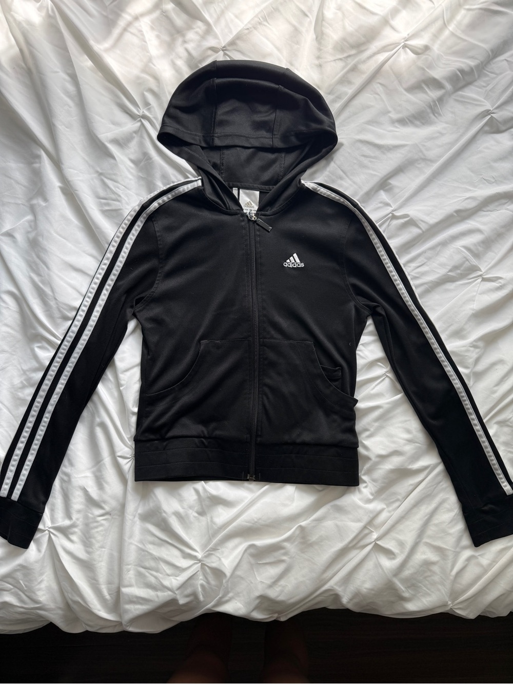 adidas Black Hooded Bomber Jacket with White Stripes